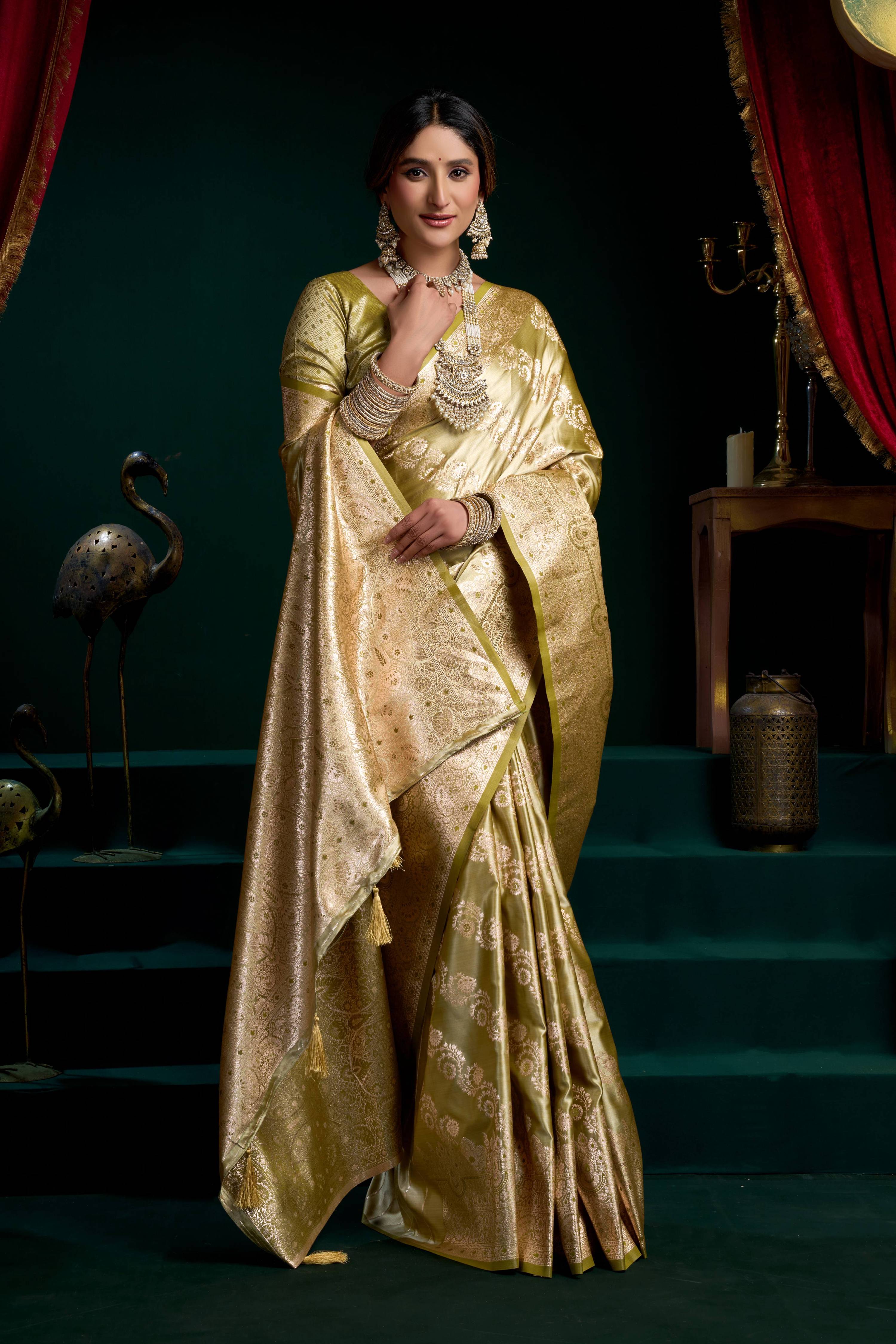 Jyoti Fashion Women's Mehendi Satin Silk Zari Woven Saree with Blouse | Grocsy