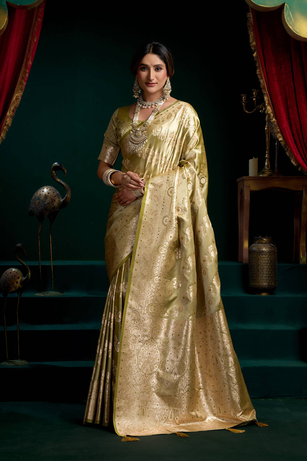 Jyoti Fashion Women's Mehendi Satin Silk Zari Woven Saree with Blouse | Grocsy