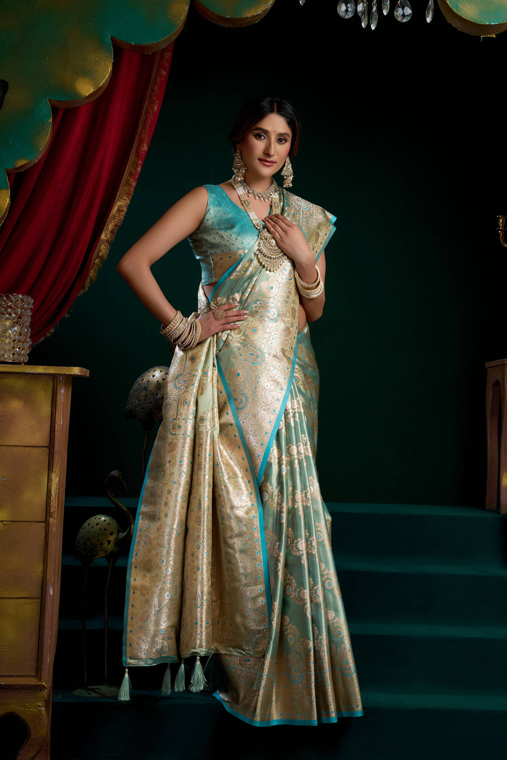 Jyoti Fashion Women's Turquoise Satin Silk Zari Woven Saree with Blouse | Grocsy