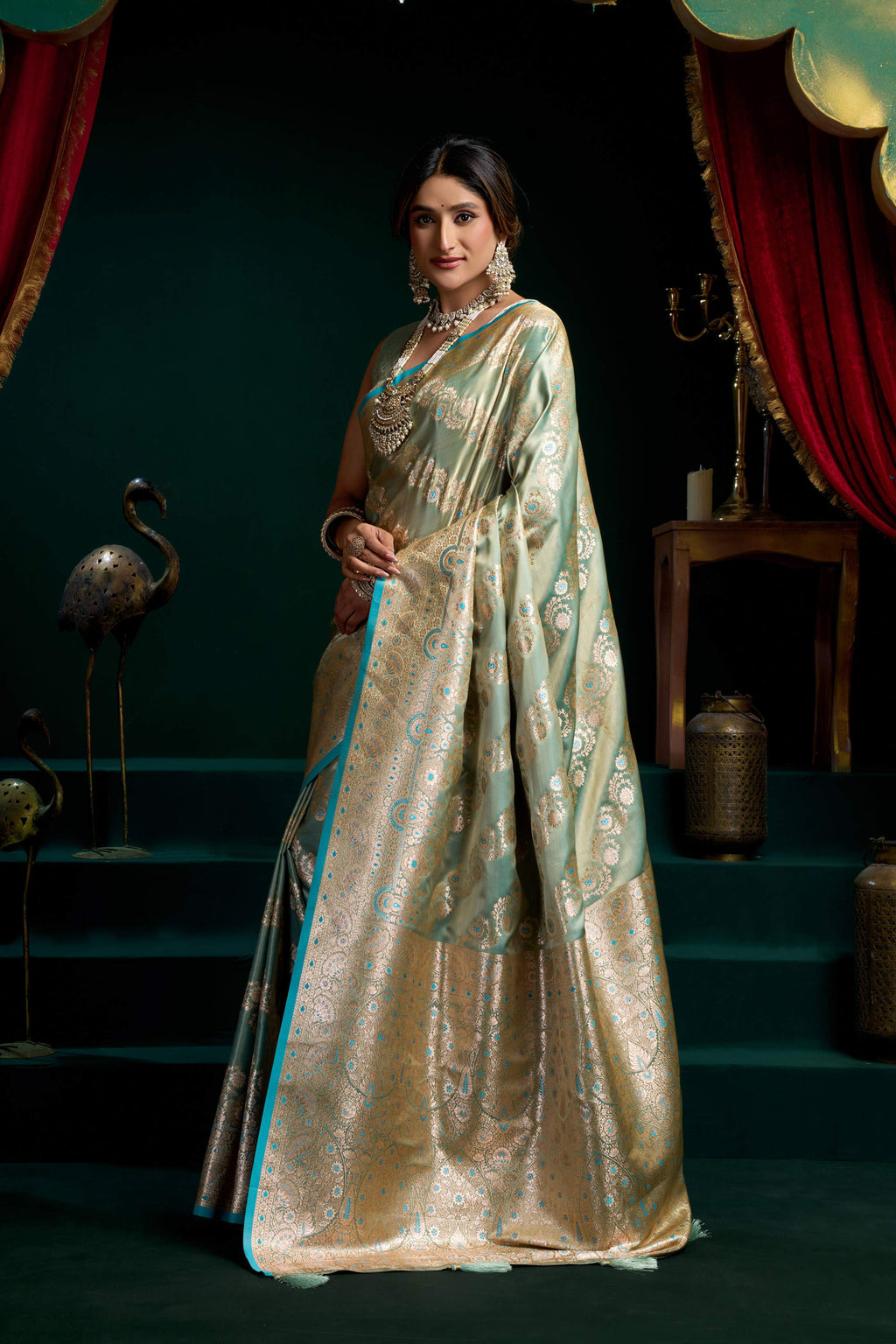 Jyoti Fashion Women's Turquoise Satin Silk Zari Woven Saree with Blouse | Grocsy