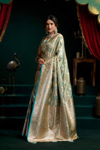Jyoti Fashion Women's Turquoise Satin Silk Zari Woven Saree with Blouse | Grocsy