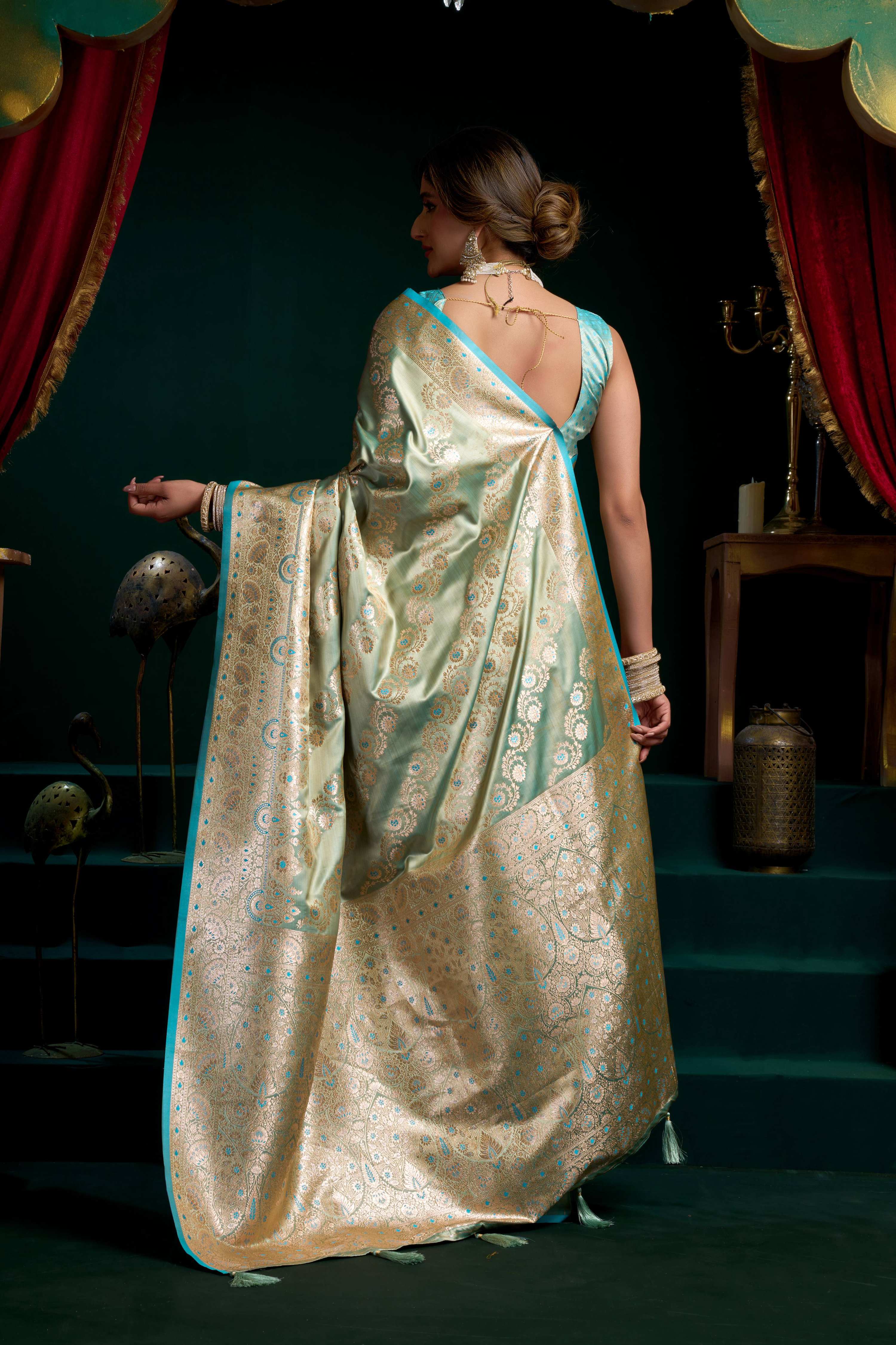 Jyoti Fashion Women's Turquoise Satin Silk Zari Woven Saree with Blouse | Grocsy