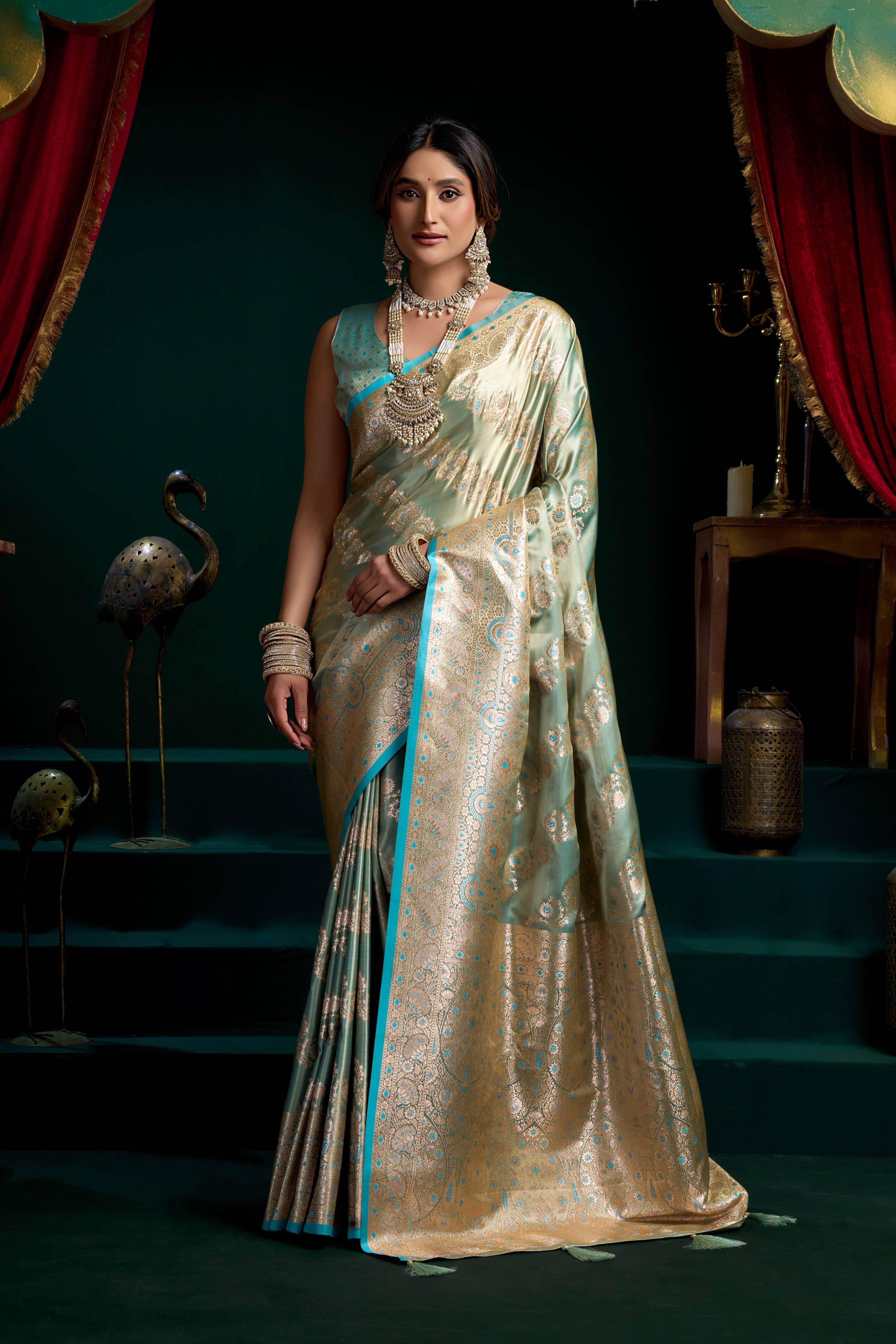 Jyoti Fashion Women's Turquoise Satin Silk Zari Woven Saree with Blouse | Grocsy