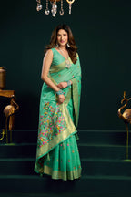 Jyoti Fashion Women's Sea Green Muga Cotton Meena Zari Woven Saree with Blouse | Grocsy