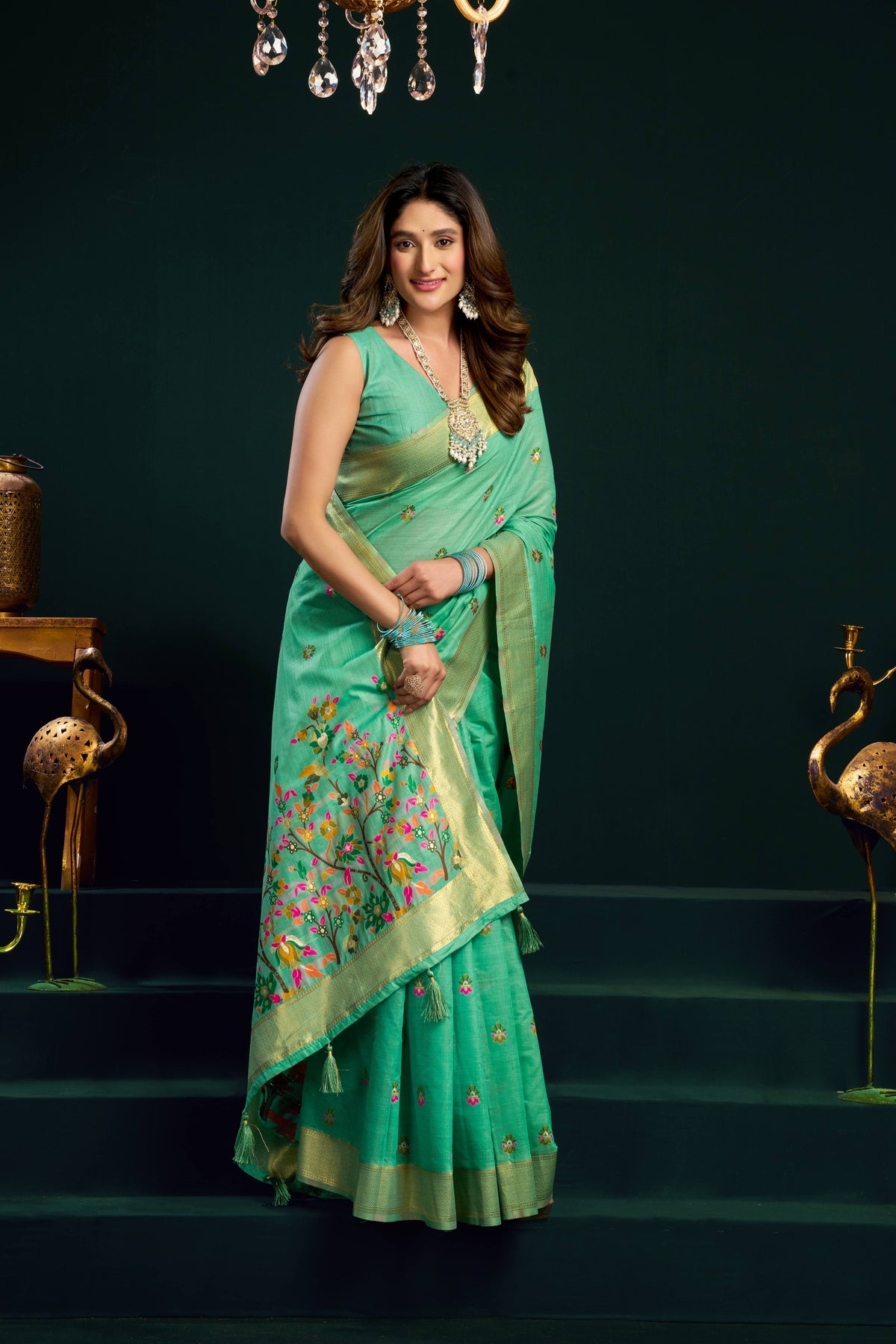 Jyoti Fashion Women's Sea Green Muga Cotton Meena Zari Woven Saree with Blouse | Grocsy