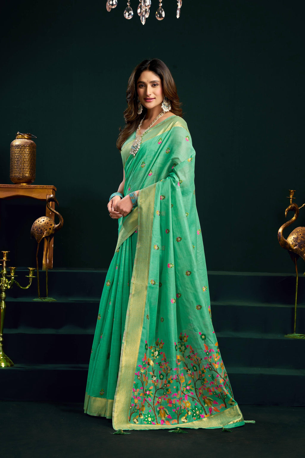 Jyoti Fashion Women's Sea Green Muga Cotton Meena Zari Woven Saree with Blouse | Grocsy