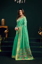 Jyoti Fashion Women's Sea Green Muga Cotton Meena Zari Woven Saree with Blouse | Grocsy