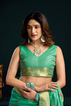 Jyoti Fashion Women's Sea Green Muga Cotton Meena Zari Woven Saree with Blouse | Grocsy