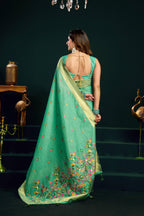 Jyoti Fashion Women's Sea Green Muga Cotton Meena Zari Woven Saree with Blouse | Grocsy