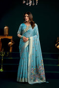 Jyoti Fashion Women's Turquoise Muga Cotton Meena Zari Woven Saree with Blouse | Grocsy