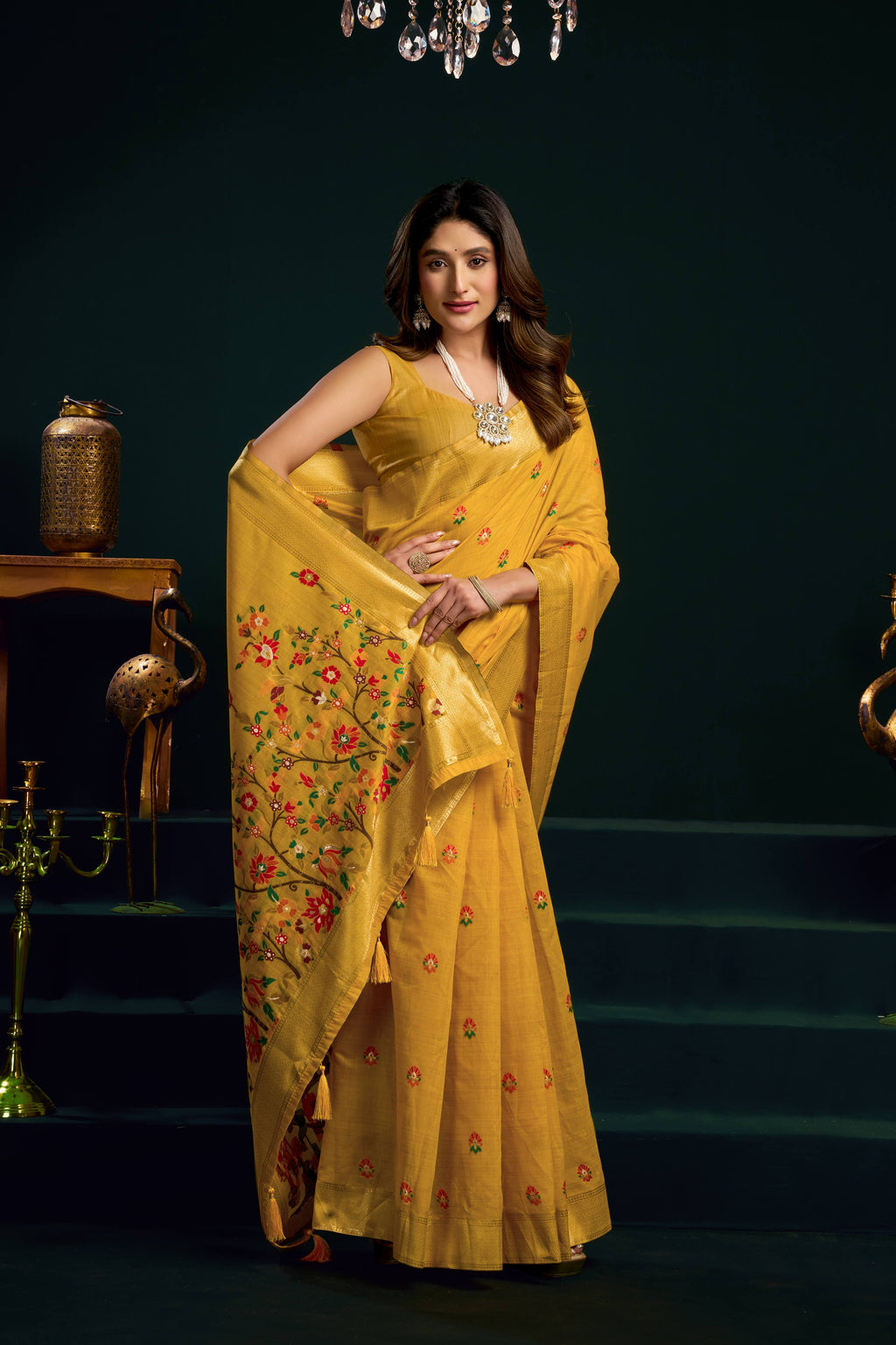Jyoti Fashion Women's Yellow Muga Cotton Meena Zari Woven Saree with Blouse | Grocsy