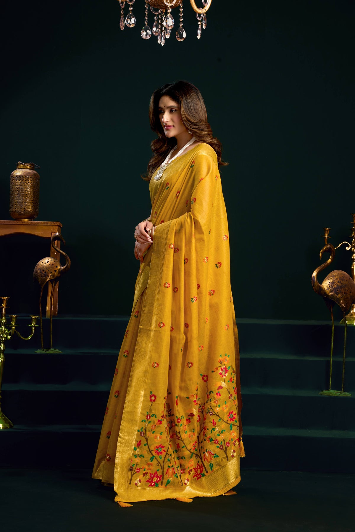 Jyoti Fashion Women's Yellow Muga Cotton Meena Zari Woven Saree with Blouse | Grocsy