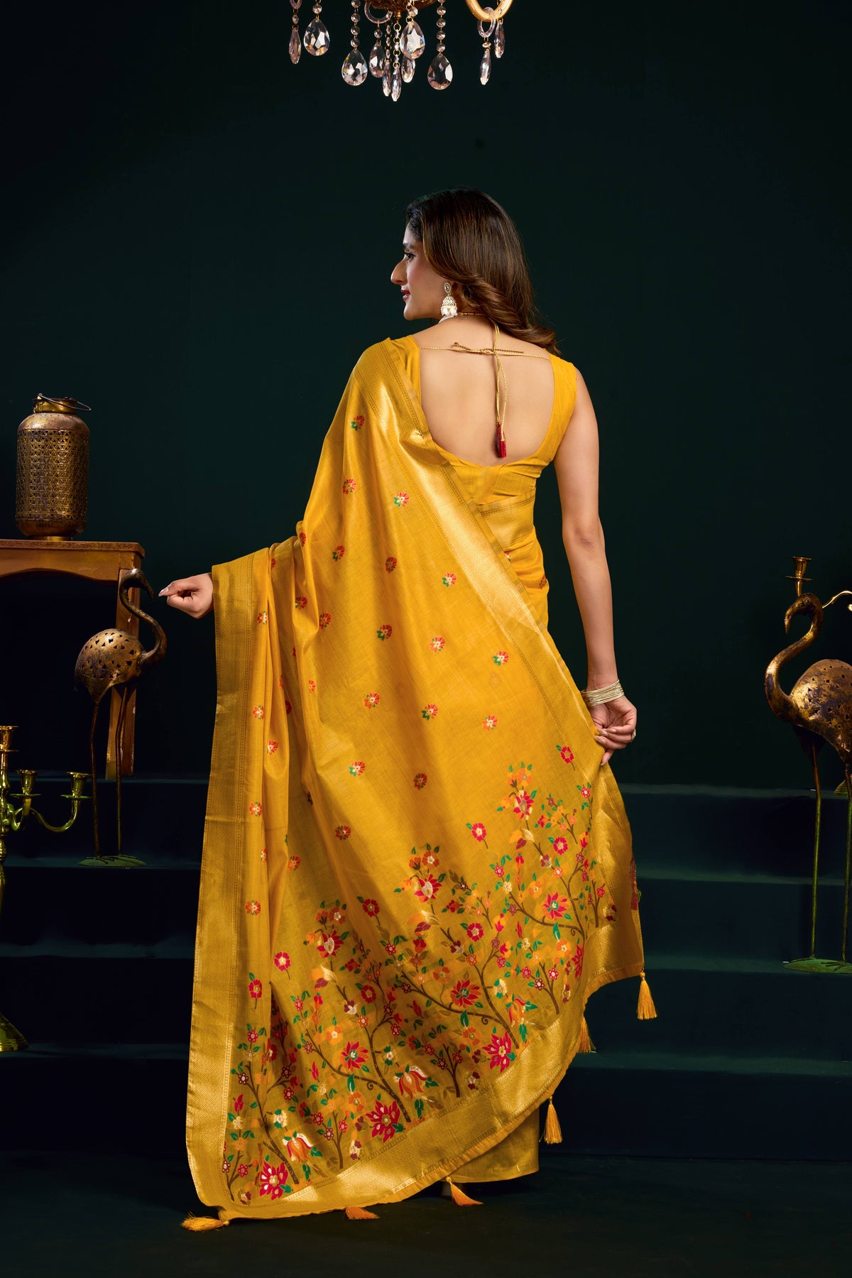 Jyoti Fashion Women's Yellow Muga Cotton Meena Zari Woven Saree with Blouse | Grocsy