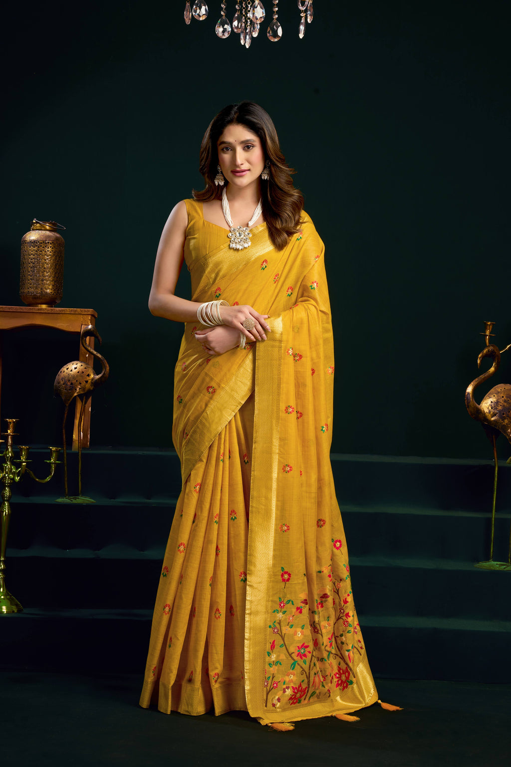 Jyoti Fashion Women's Yellow Muga Cotton Meena Zari Woven Saree with Blouse | Grocsy
