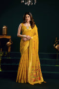 Jyoti Fashion Women's Yellow Muga Cotton Meena Zari Woven Saree with Blouse | Grocsy