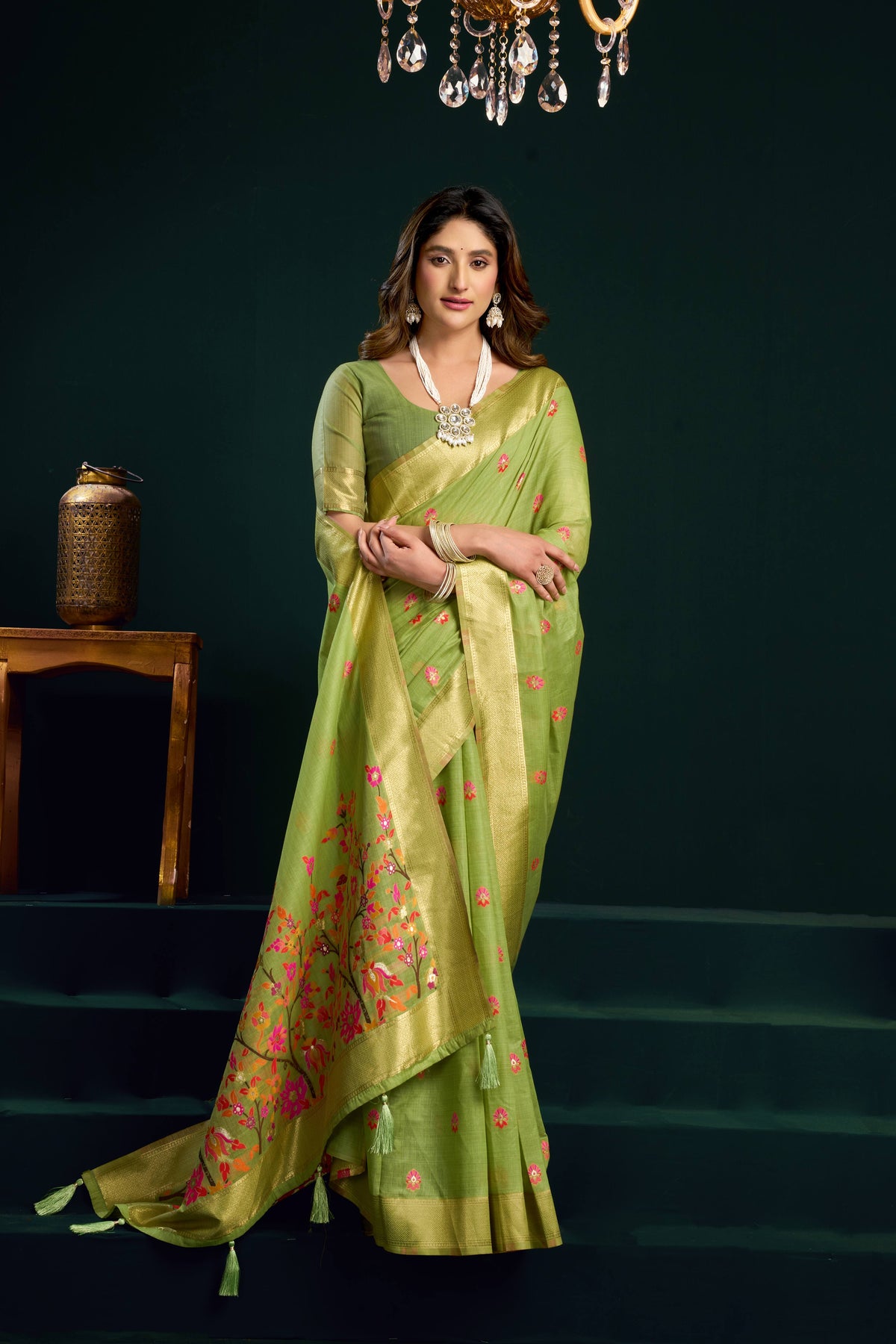 Jyoti Fashion Women's Green Muga Cotton Meena Zari Woven Saree with Blouse | Grocsy