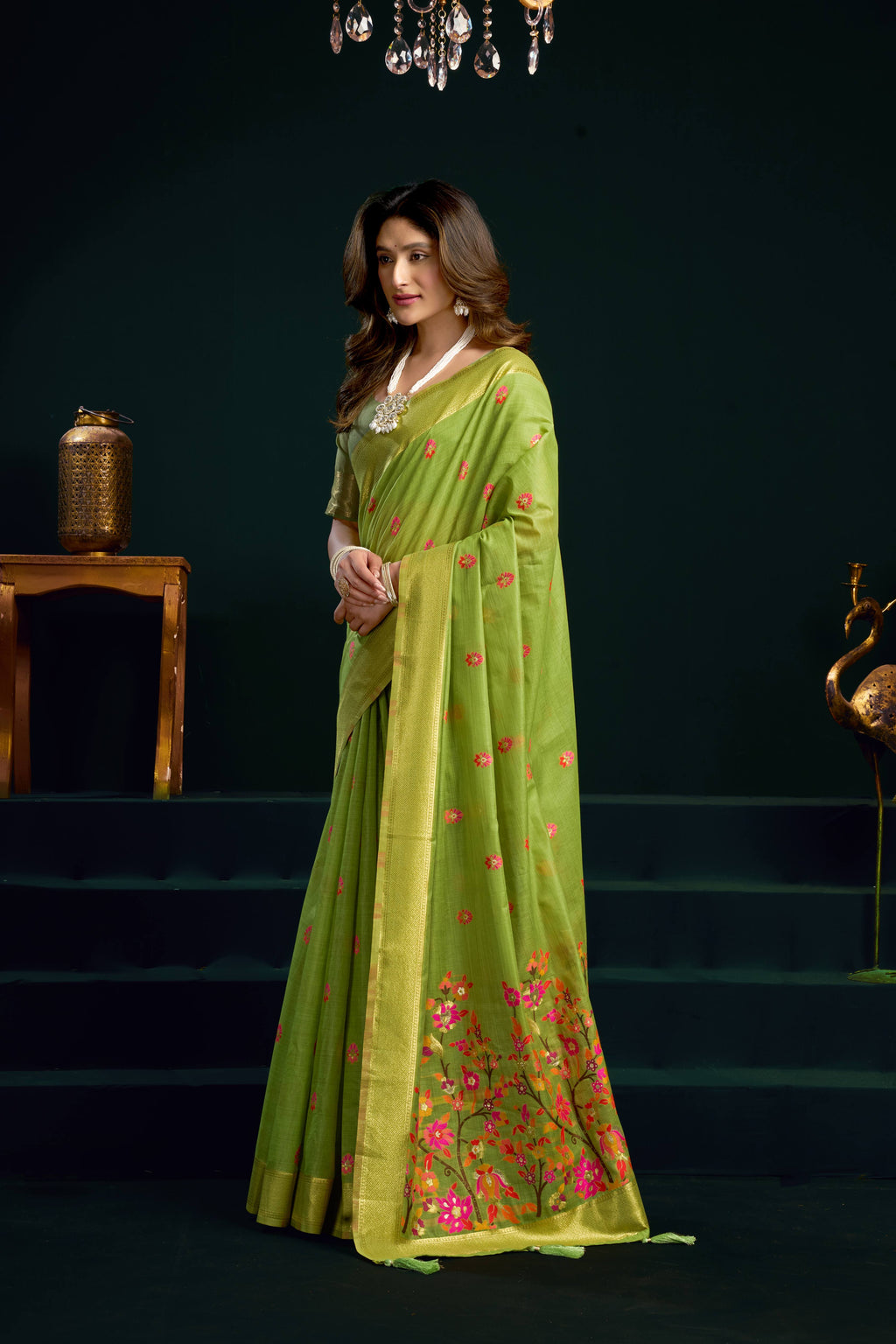 Jyoti Fashion Women's Green Muga Cotton Meena Zari Woven Saree with Blouse | Grocsy