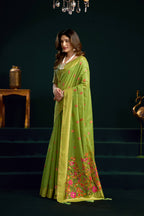 Jyoti Fashion Women's Green Muga Cotton Meena Zari Woven Saree with Blouse | Grocsy