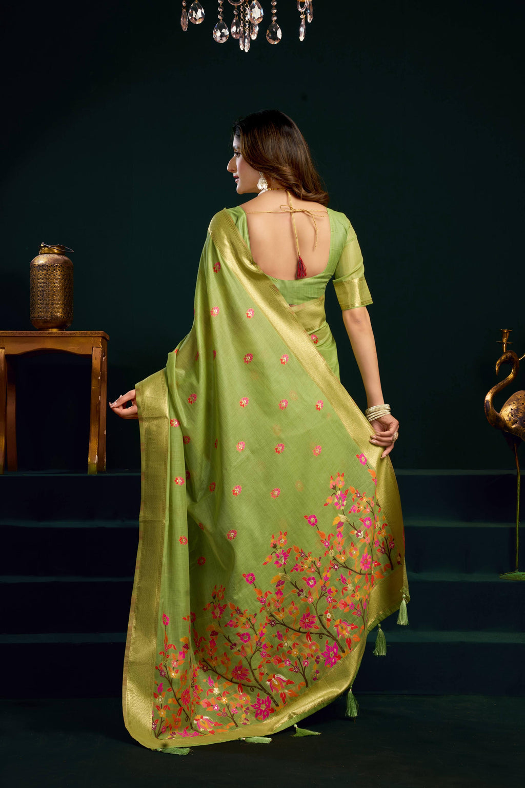 Jyoti Fashion Women's Green Muga Cotton Meena Zari Woven Saree with Blouse | Grocsy