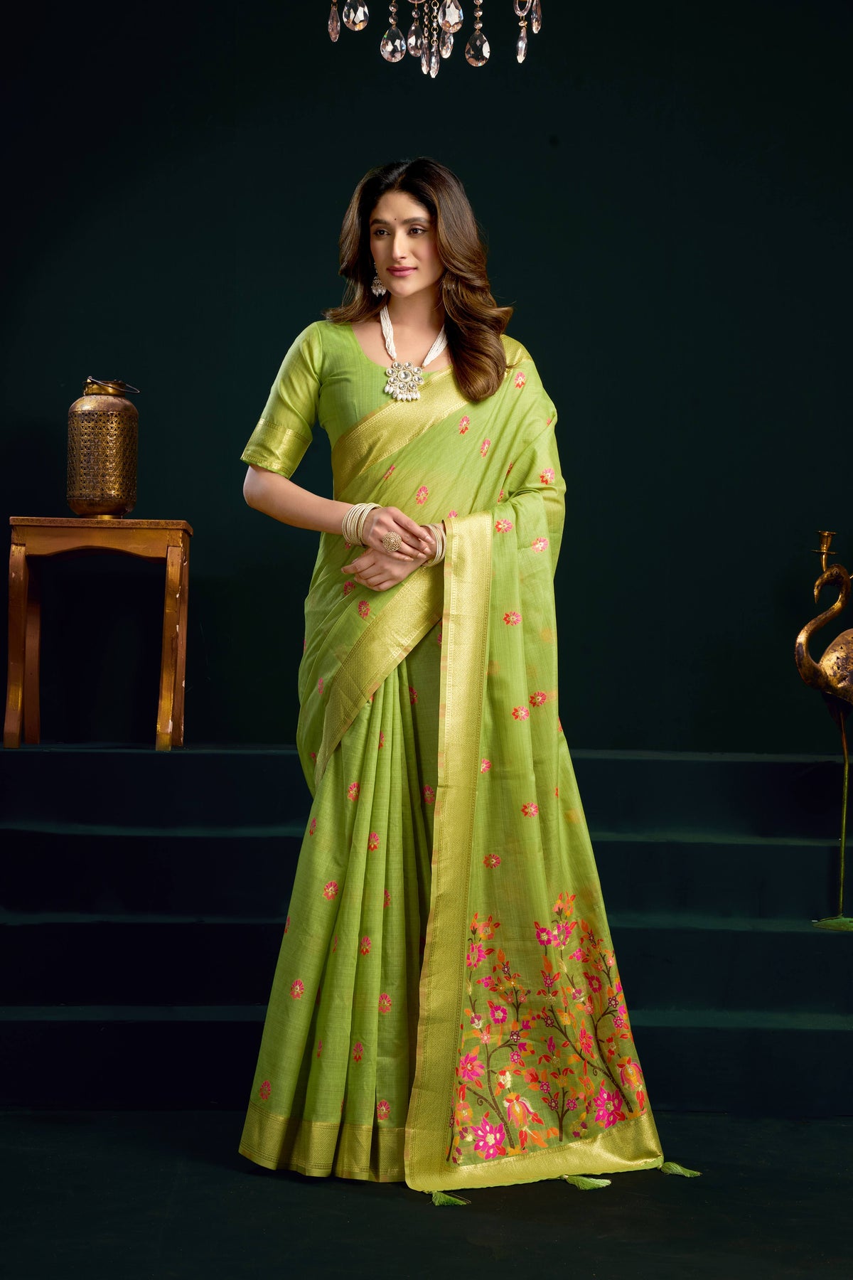Jyoti Fashion Women's Green Muga Cotton Meena Zari Woven Saree with Blouse | Grocsy