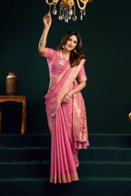 Jyoti Fashion Women's Pink Muga Cotton Meena Zari Woven Saree with Blouse | Grocsy