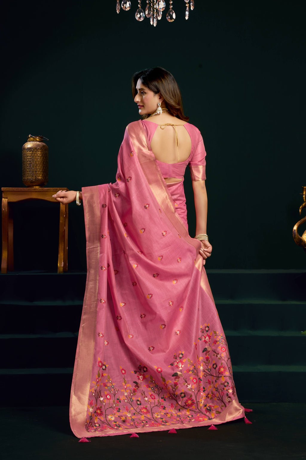 Jyoti Fashion Women's Pink Muga Cotton Meena Zari Woven Saree with Blouse | Grocsy