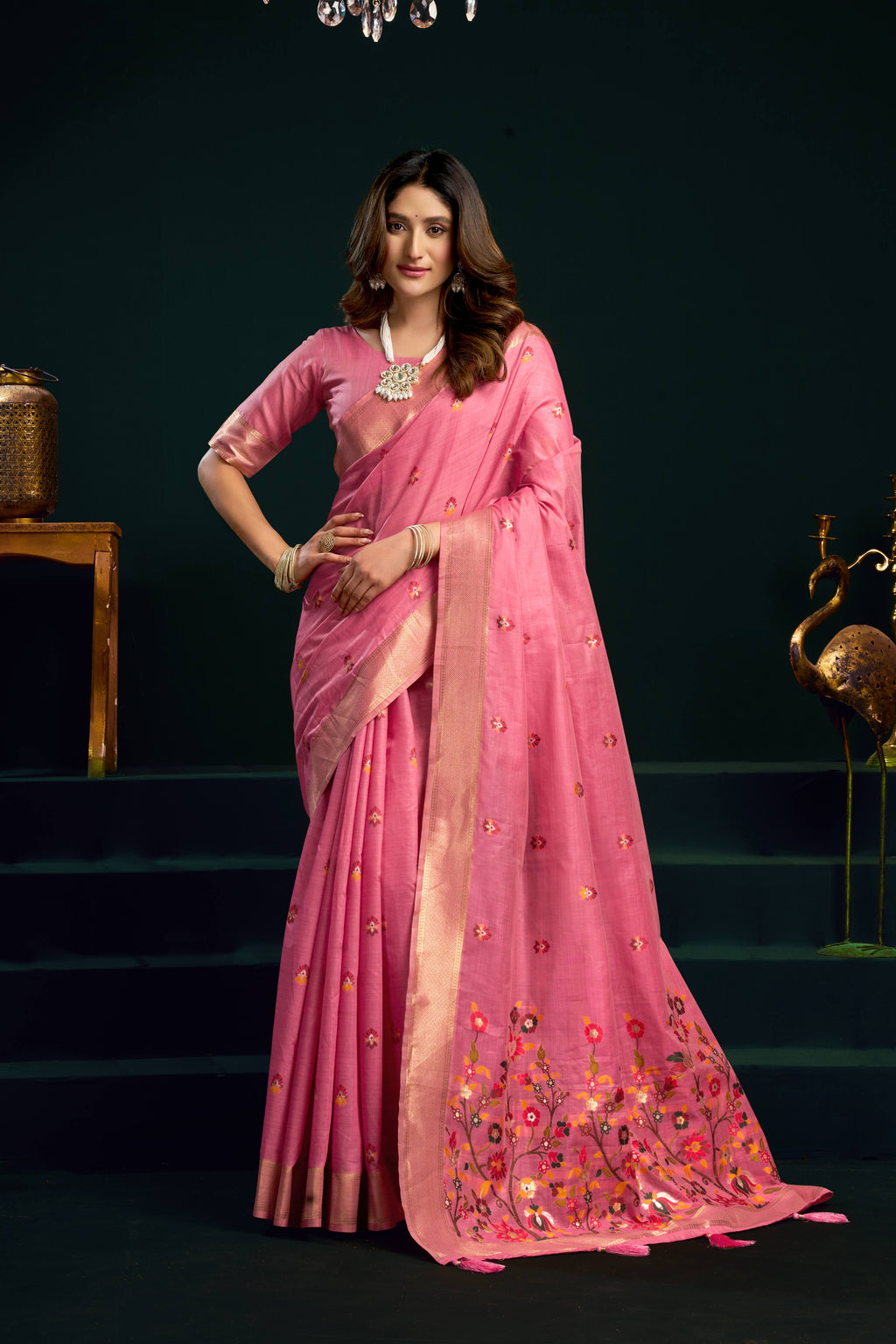 Jyoti Fashion Women's Pink Muga Cotton Meena Zari Woven Saree with Blouse | Grocsy