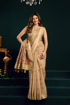 Jyoti Fashion Women's Beige Muga Cotton Meena Zari Woven Saree with Blouse | Grocsy