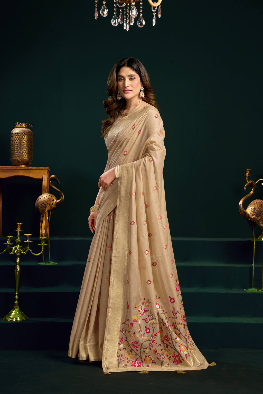 Jyoti Fashion Women's Beige Muga Cotton Meena Zari Woven Saree with Blouse | Grocsy
