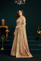 Jyoti Fashion Women's Beige Muga Cotton Meena Zari Woven Saree with Blouse | Grocsy