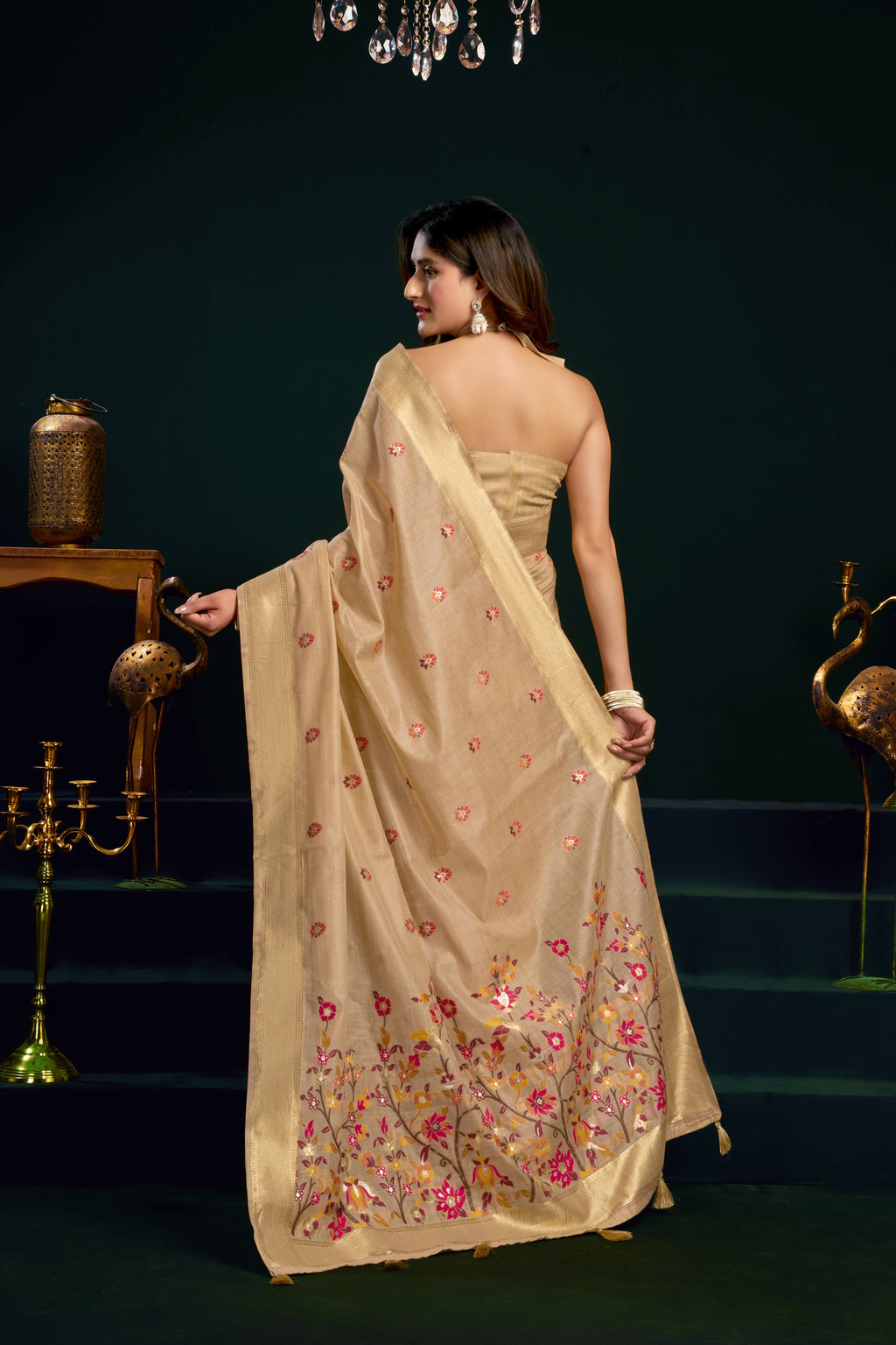 Jyoti Fashion Women's Beige Muga Cotton Meena Zari Woven Saree with Blouse | Grocsy