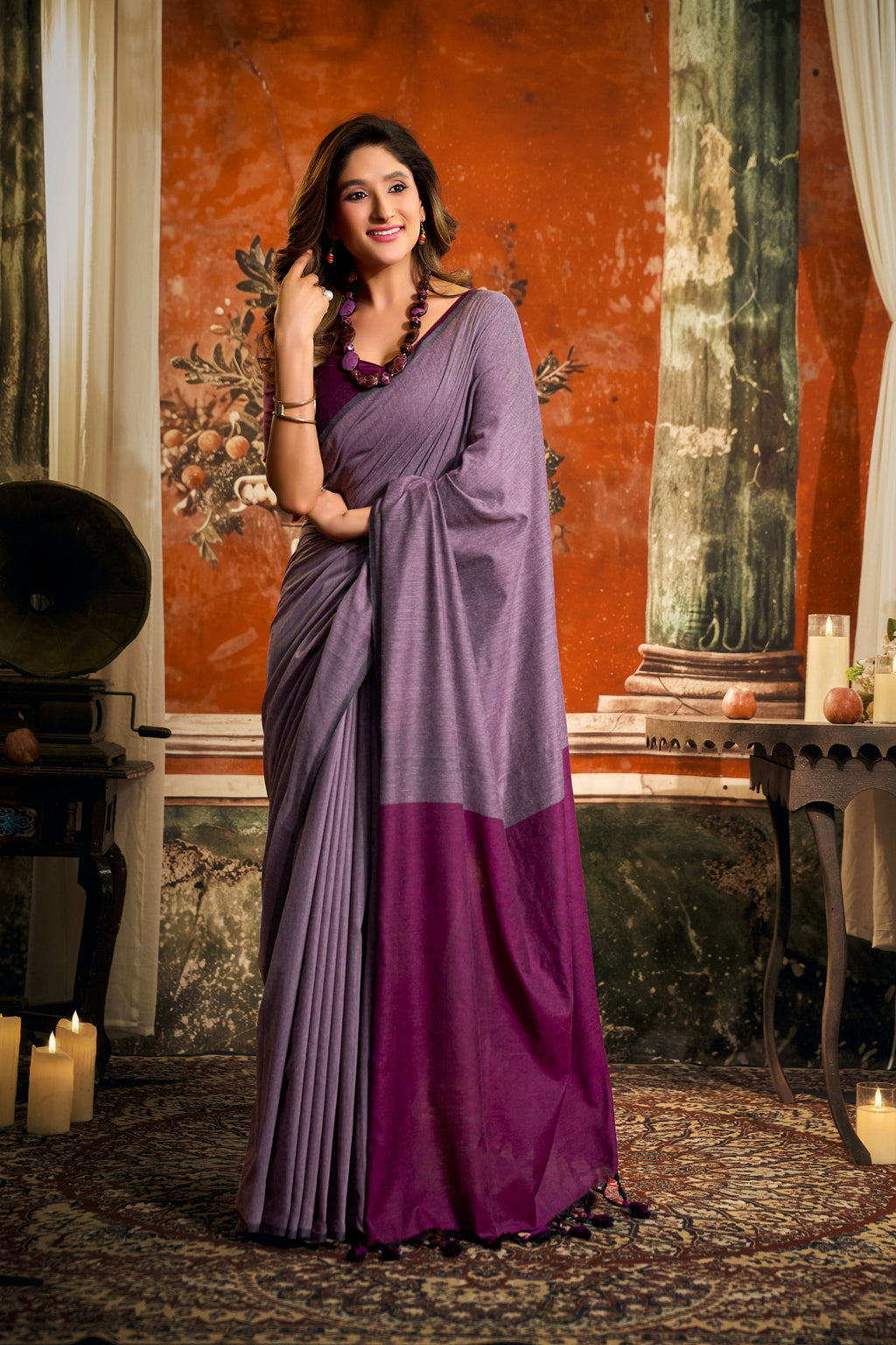 Jyoti Fashion Women's Purple Cotton Contrast Pallu Saree with Blouse | Grocsy