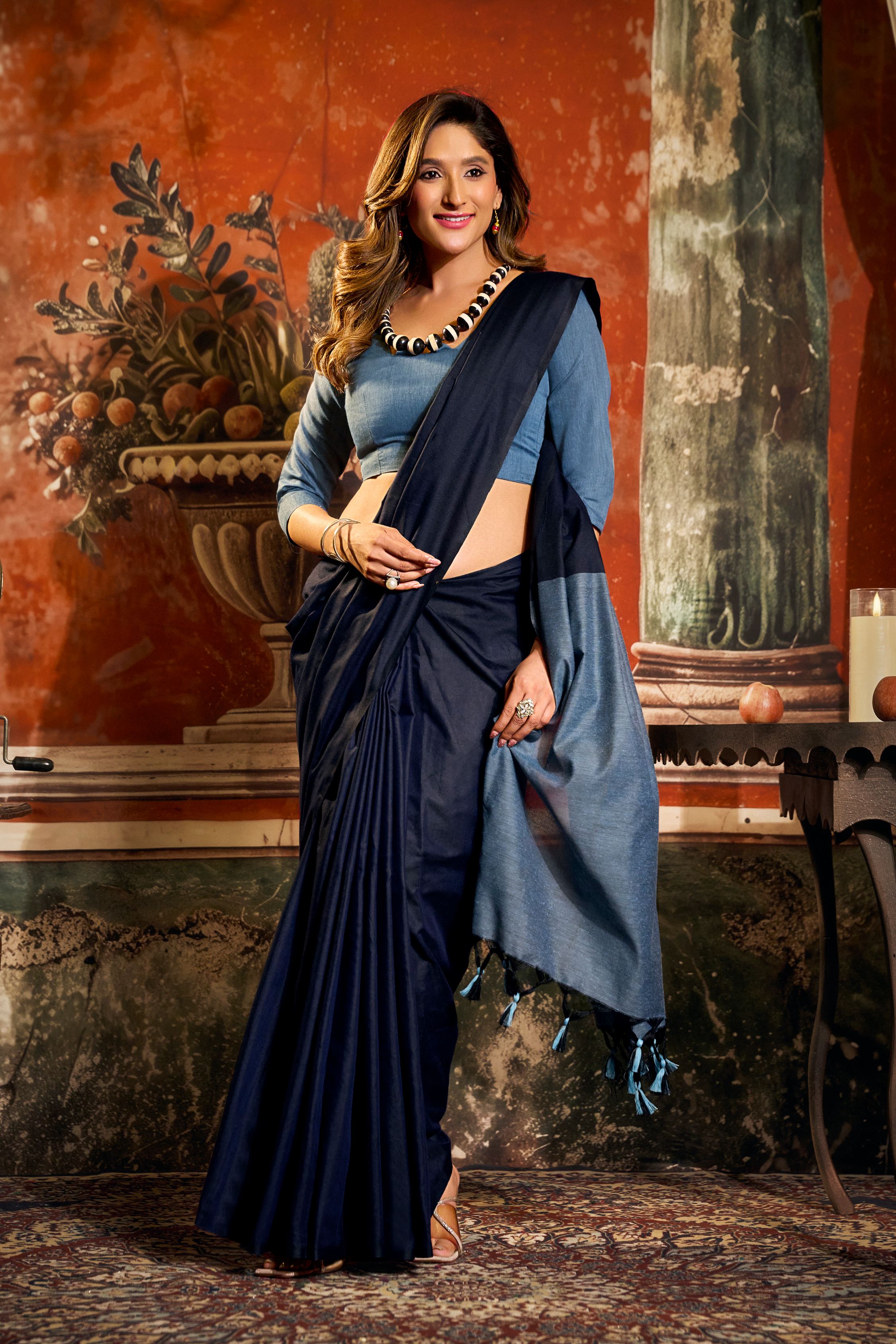 Jyoti Fashion Women's Navy Blue Cotton Contrast Pallu Saree with Blouse | Grocsy