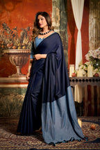 Jyoti Fashion Women's Navy Blue Cotton Contrast Pallu Saree with Blouse | Grocsy