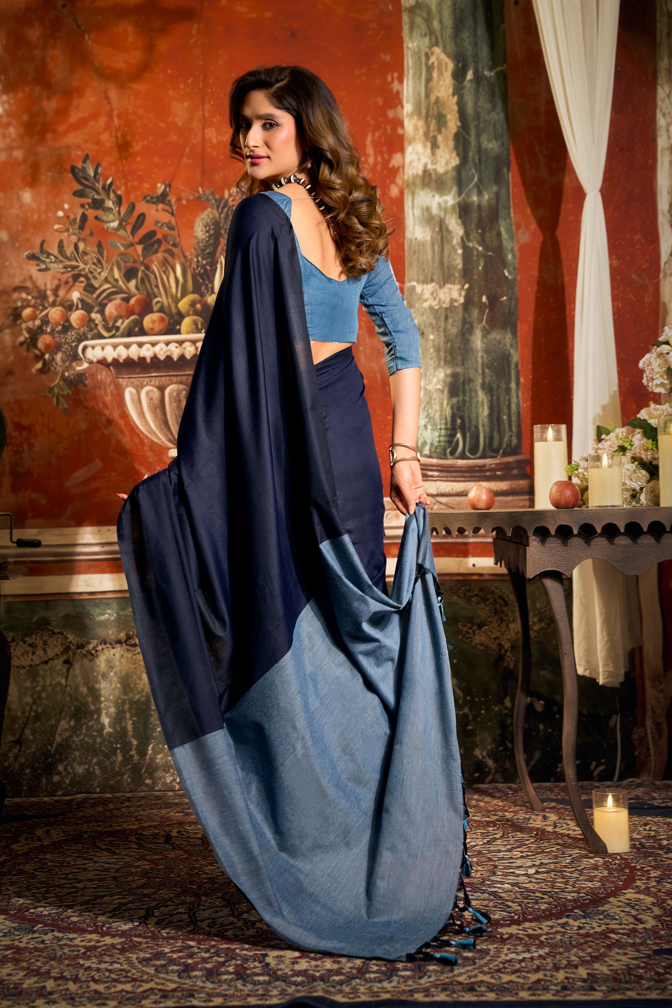 Jyoti Fashion Women's Navy Blue Cotton Contrast Pallu Saree with Blouse | Grocsy