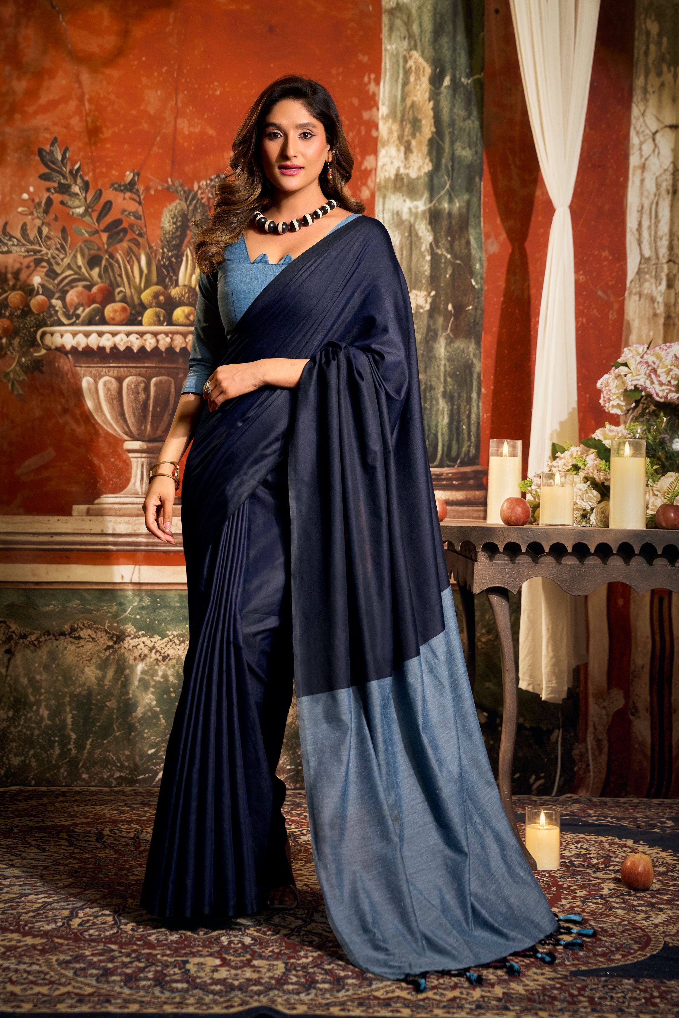 Jyoti Fashion Women's Navy Blue Cotton Contrast Pallu Saree with Blouse | Grocsy