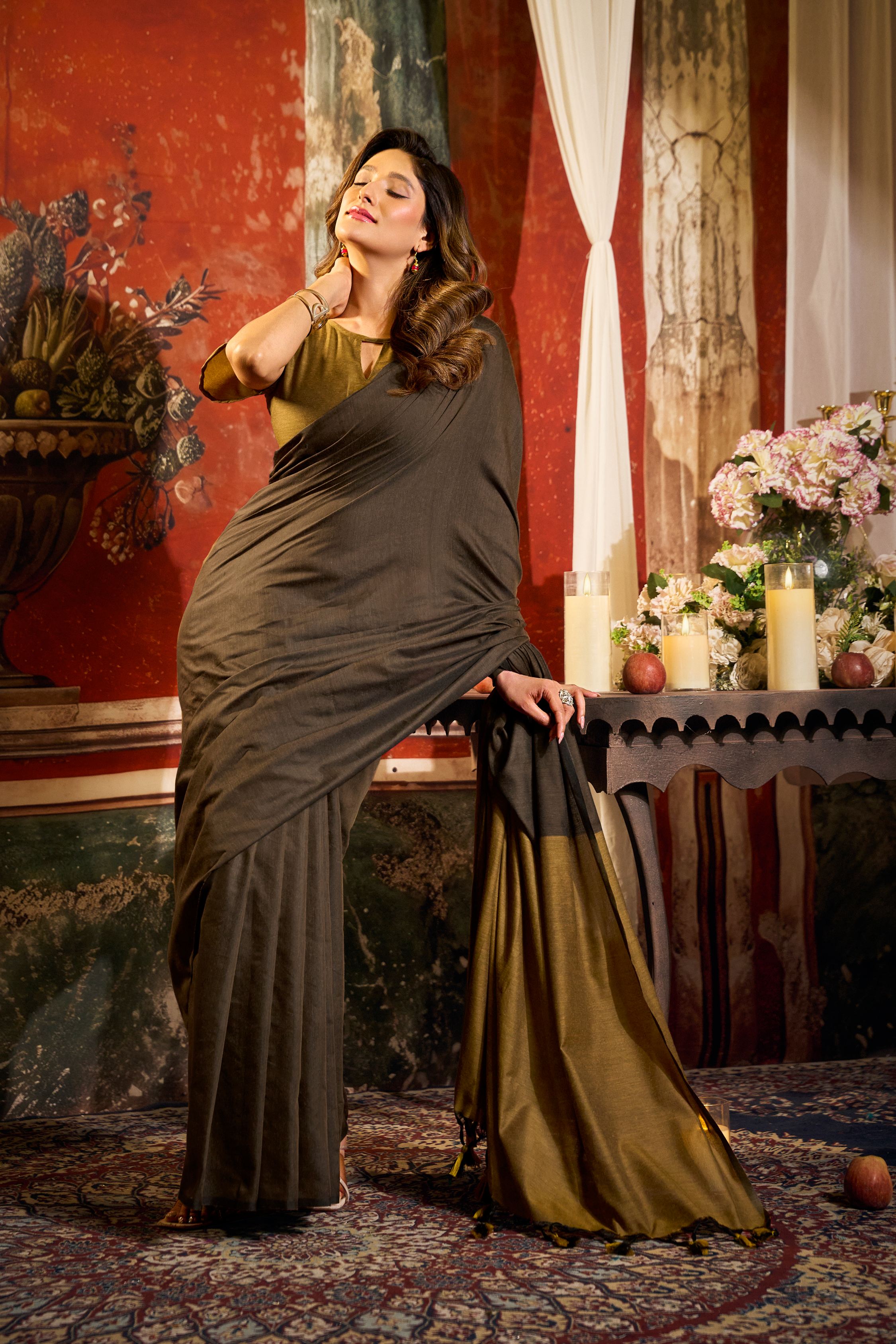 Jyoti Fashion Women's Coffee Cotton Contrast Pallu Saree with Blouse | Grocsy
