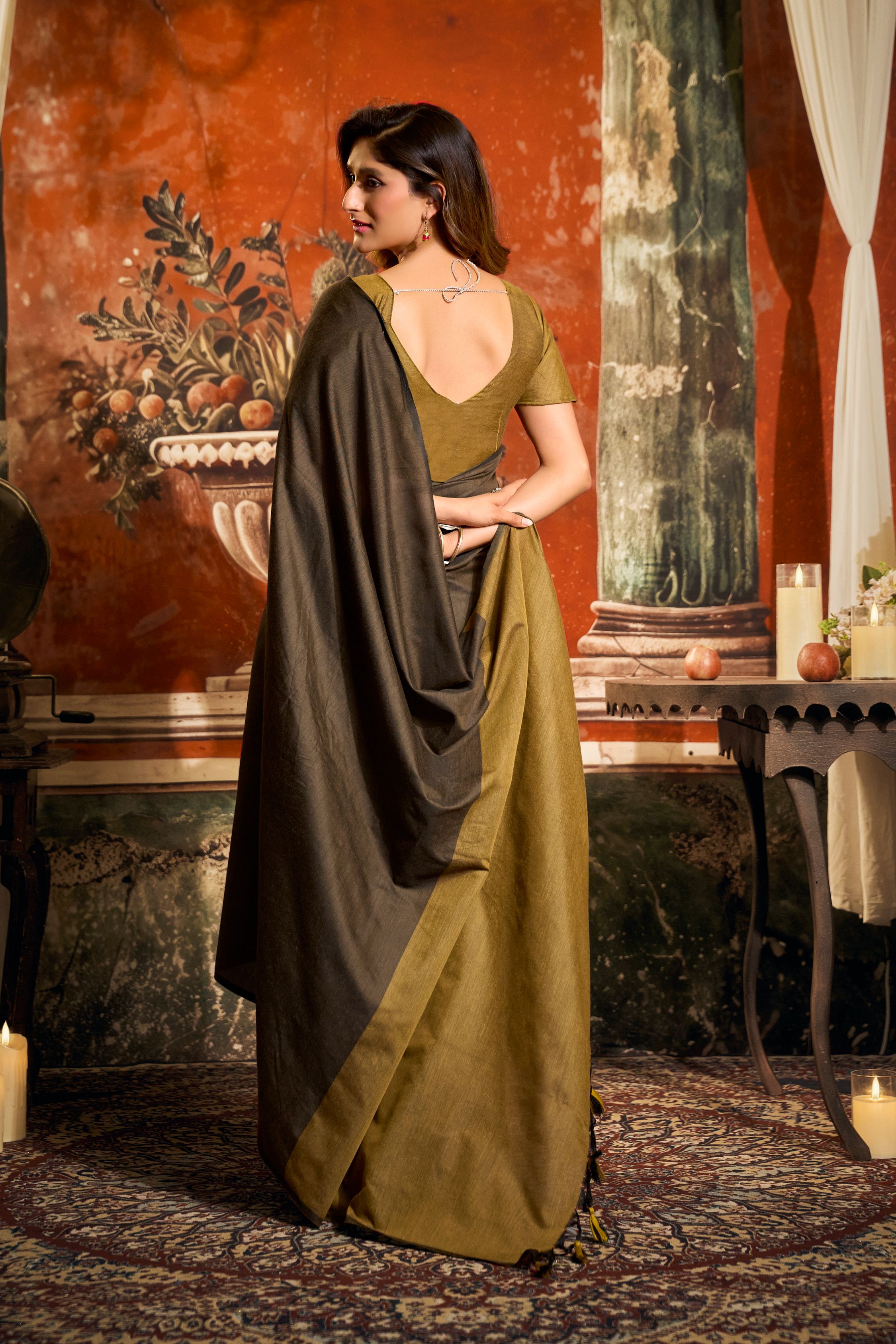 Jyoti Fashion Women's Coffee Cotton Contrast Pallu Saree with Blouse | Grocsy