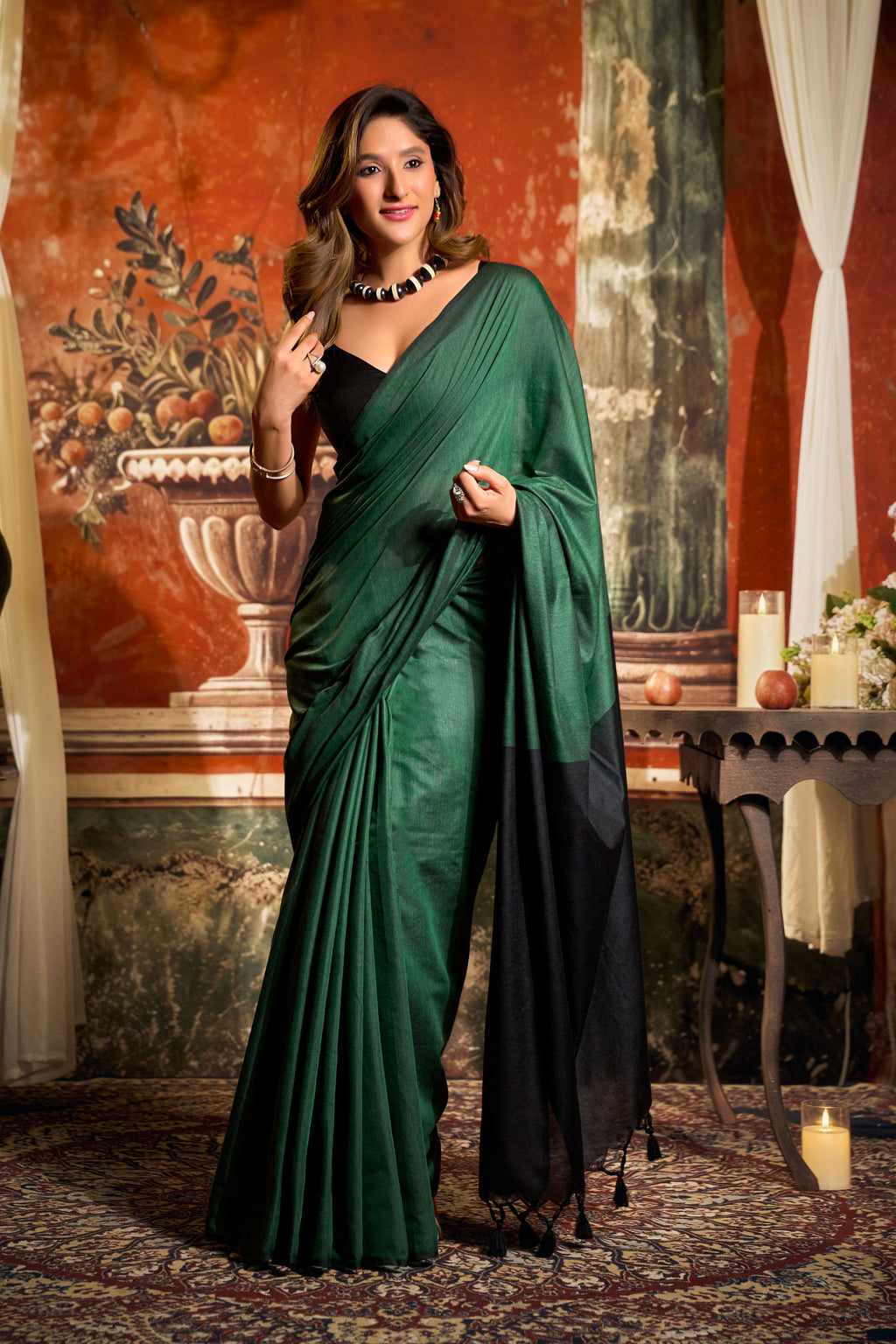 Jyoti Fashion Women's Bottle Green Cotton Contrast Pallu Saree with Blouse | Grocsy