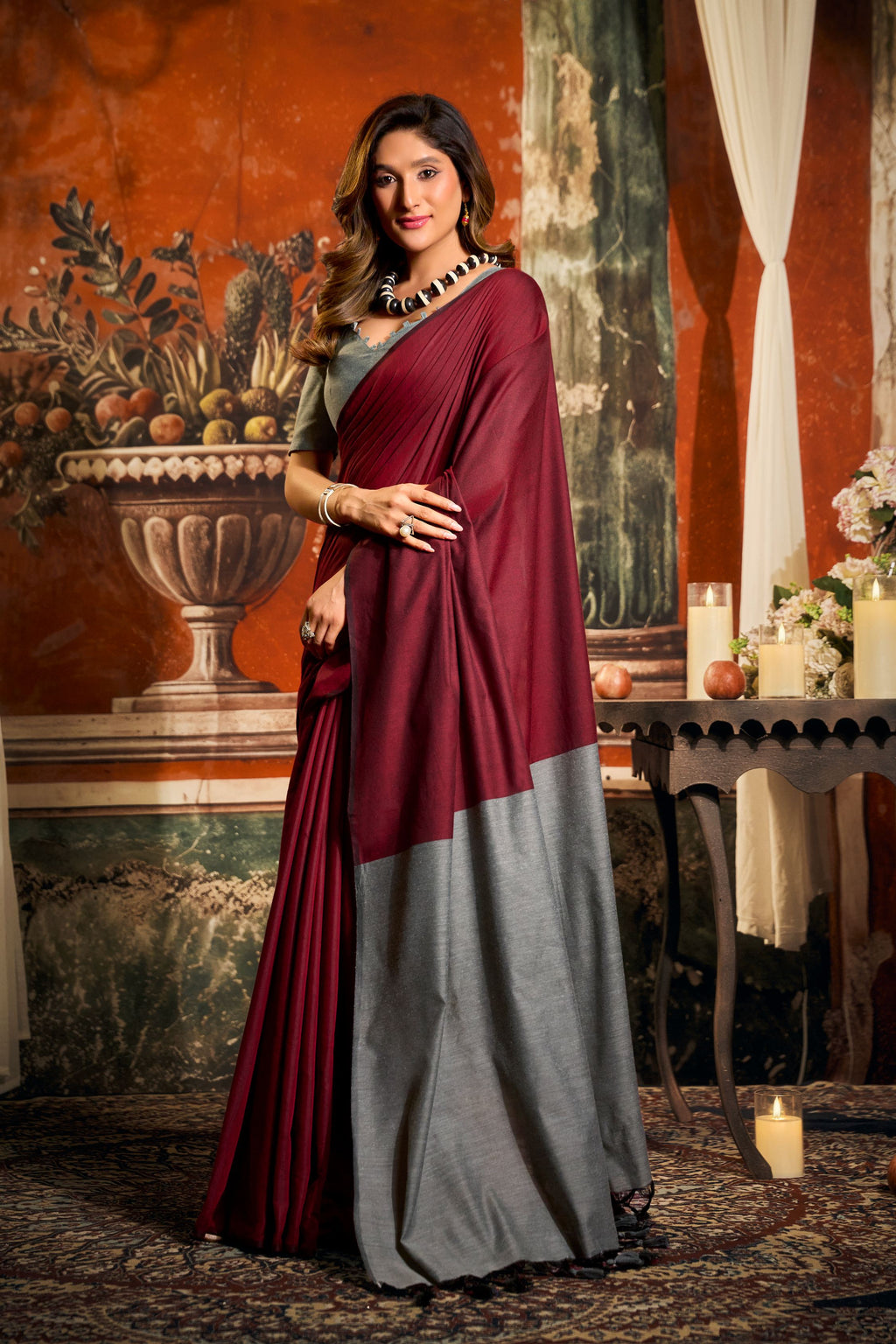 Jyoti Fashion Women's Maroon Cotton Contrast Pallu Saree with Blouse | Grocsy