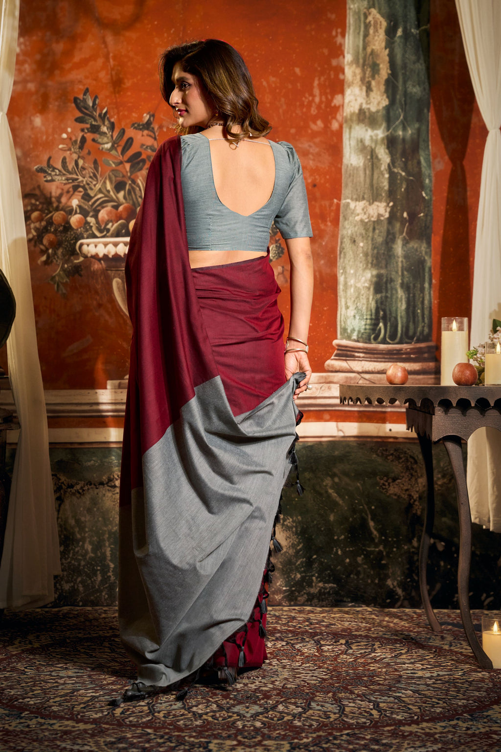 Jyoti Fashion Women's Maroon Cotton Contrast Pallu Saree with Blouse | Grocsy
