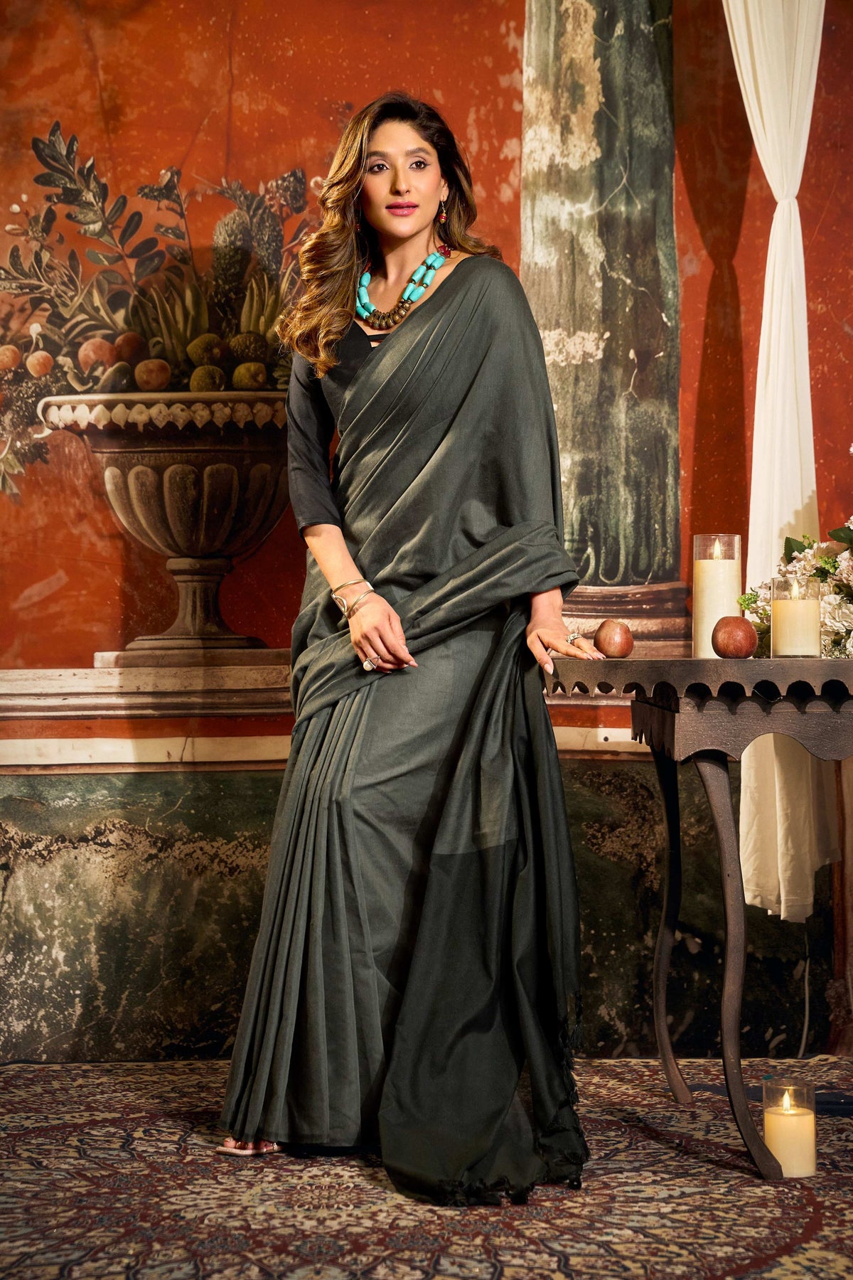 Jyoti Fashion Women's Dark Grey Cotton Contrast Pallu Saree with Blouse | Grocsy