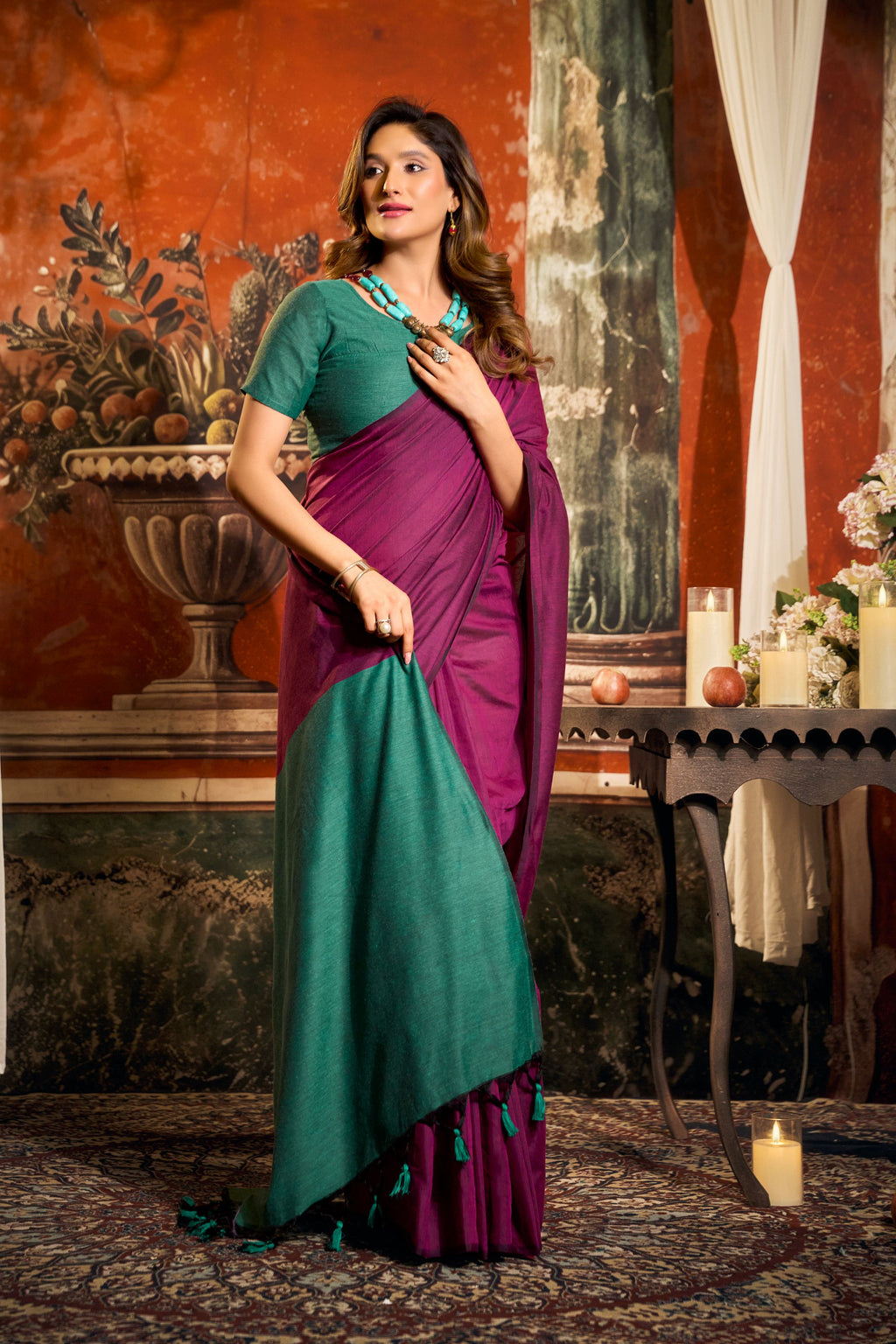 Jyoti Fashion Women's Magenta Cotton Contrast Pallu Saree with Blouse | Grocsy