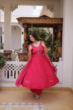 Jyoti Fashion Pink Beads Thread Embroidered Mal Chanderi Anarkali Gown Set | Grocsy