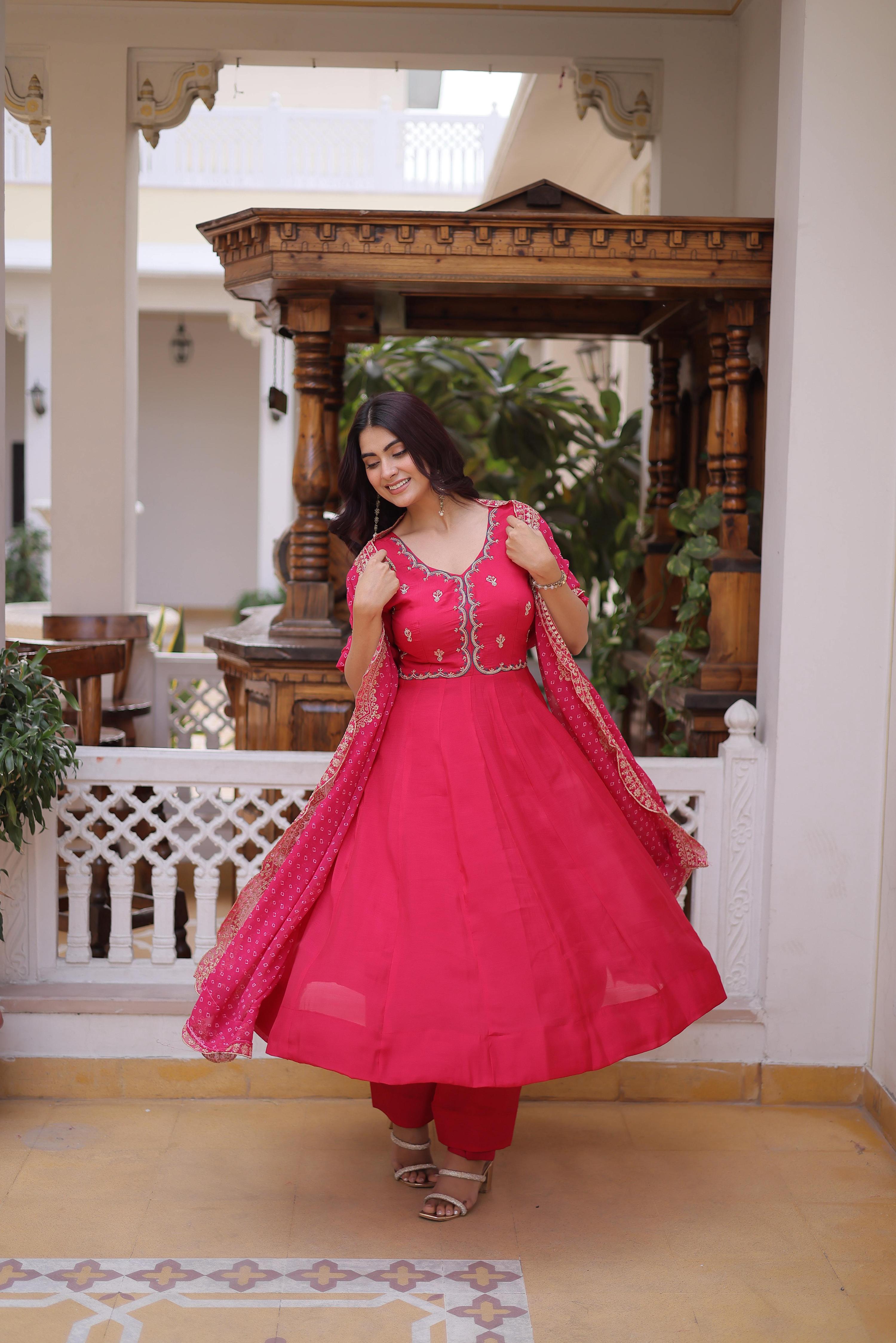 Jyoti Fashion Pink Beads Thread Embroidered Mal Chanderi Anarkali Gown Set | Grocsy