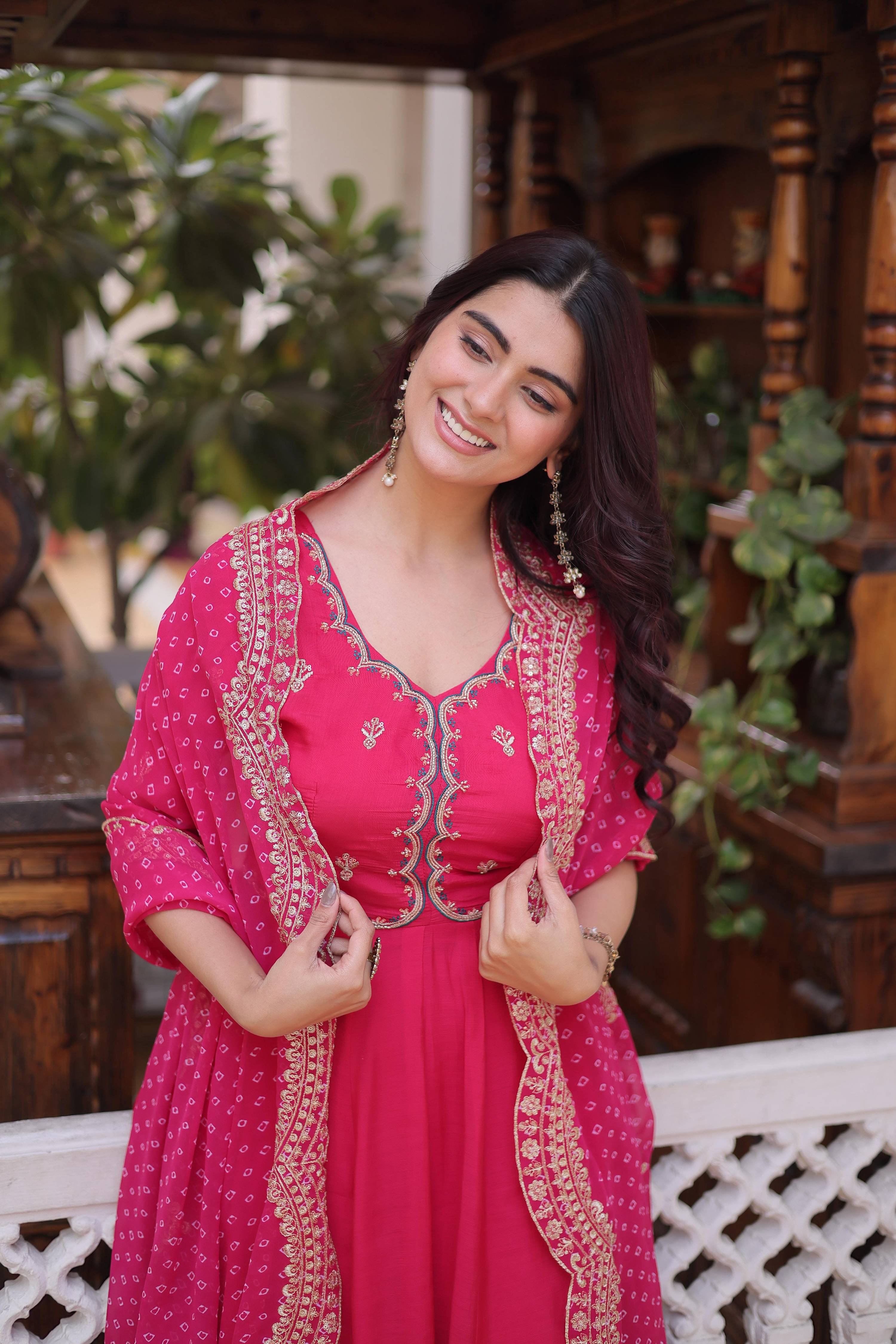 Jyoti Fashion Pink Beads Thread Embroidered Mal Chanderi Anarkali Gown Set | Grocsy