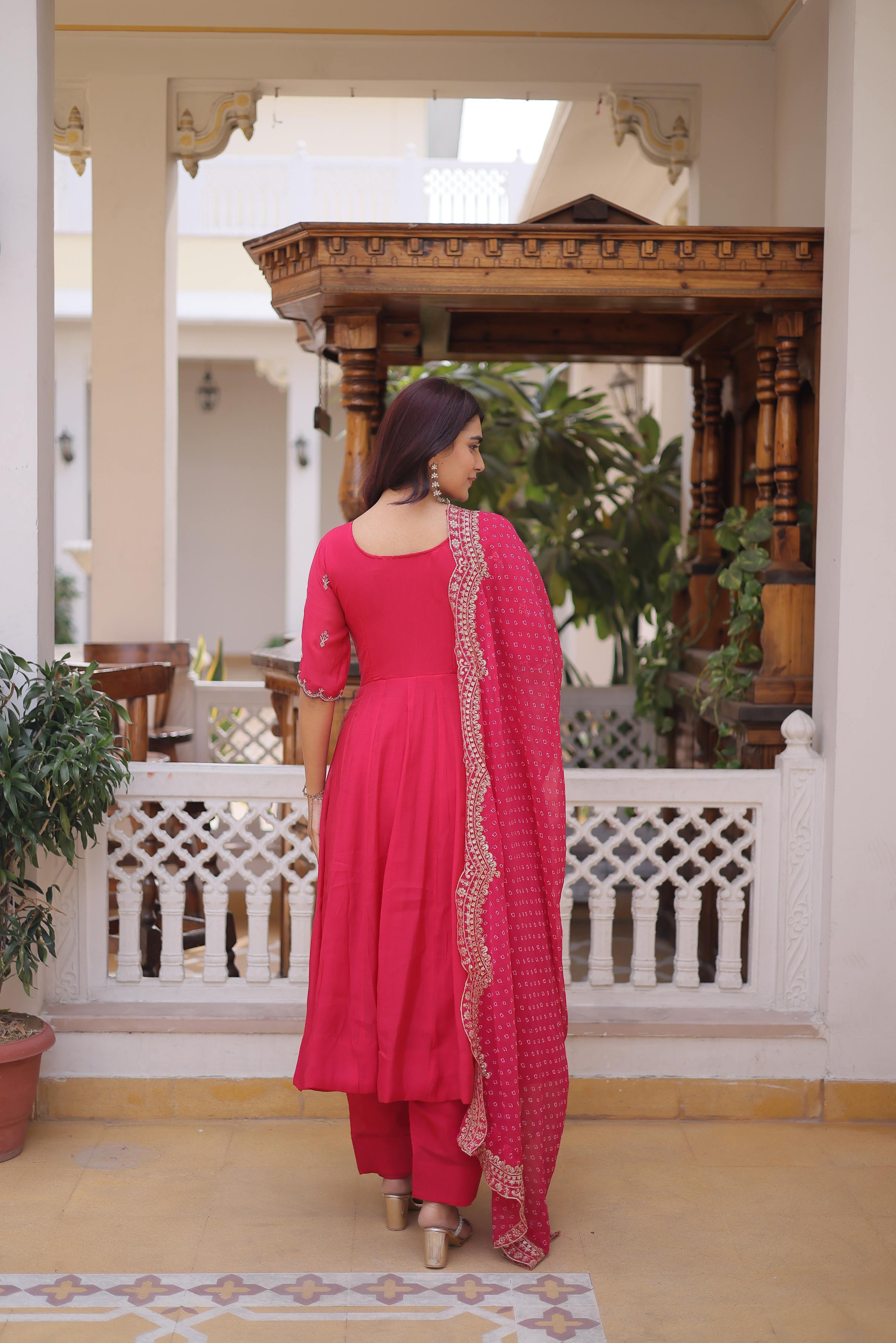 Jyoti Fashion Pink Beads Thread Embroidered Mal Chanderi Anarkali Gown Set | Grocsy