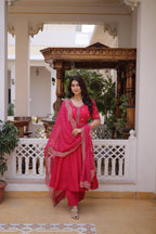 Jyoti Fashion Pink Beads Thread Embroidered Mal Chanderi Anarkali Gown Set | Grocsy