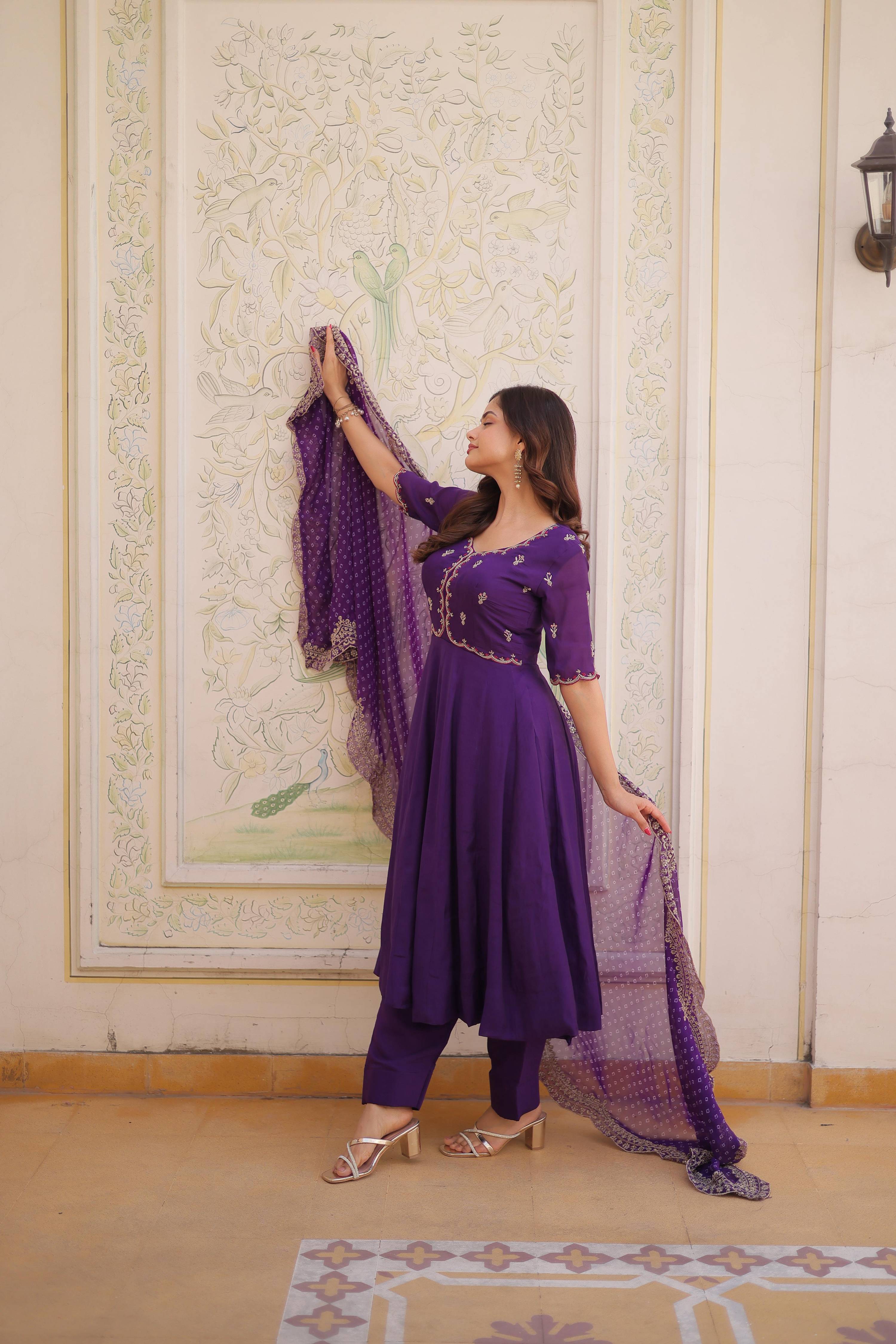 Jyoti Fashion Purple Beads Thread Embroidered Mal Chanderi Anarkali Gown Set | Grocsy