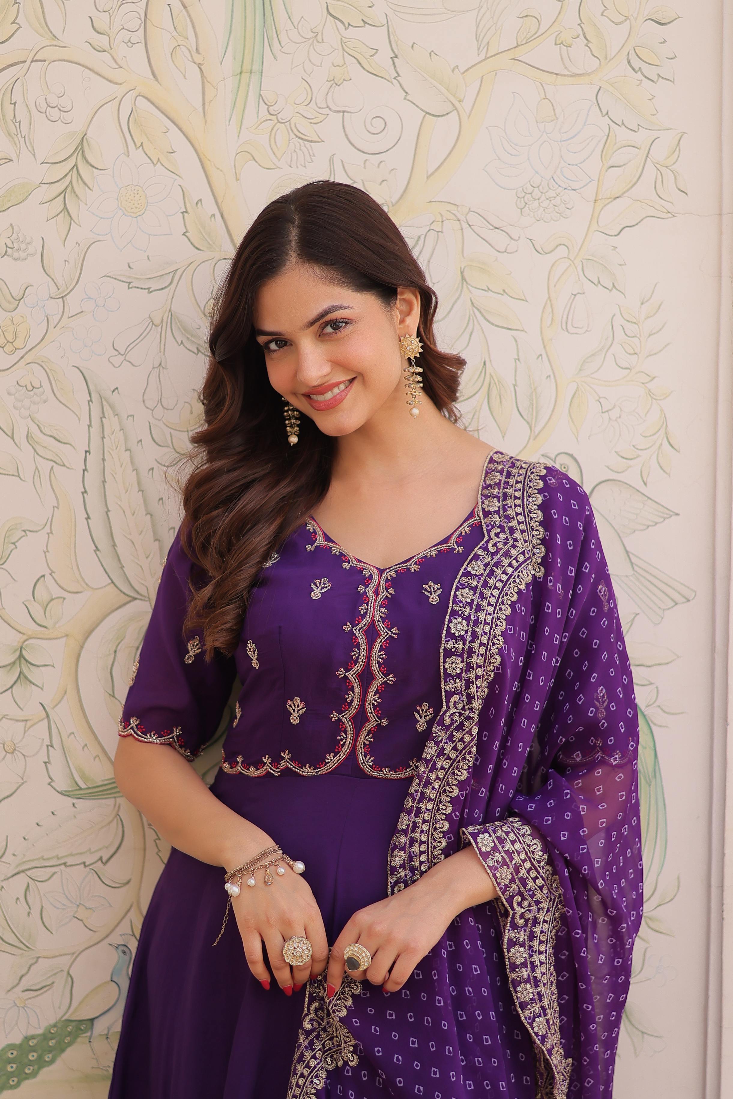 Jyoti Fashion Purple Beads Thread Embroidered Mal Chanderi Anarkali Gown Set | Grocsy
